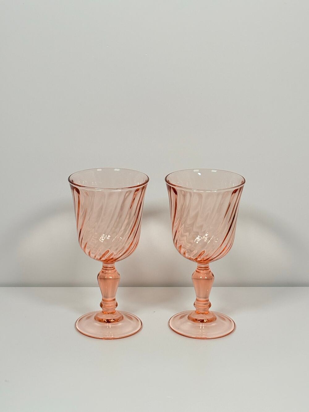 Vintage Arcoroc France Rosaline Pink Swirl Optic Stemware Goblets ~ Pair
